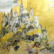Art showing a medieval castle set against a yellow background.